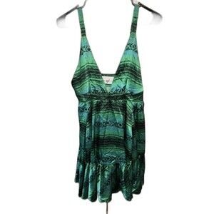 YaYa Aflalo Silk Emerald Snake Dress M Adjust Strap Pockets V Neck